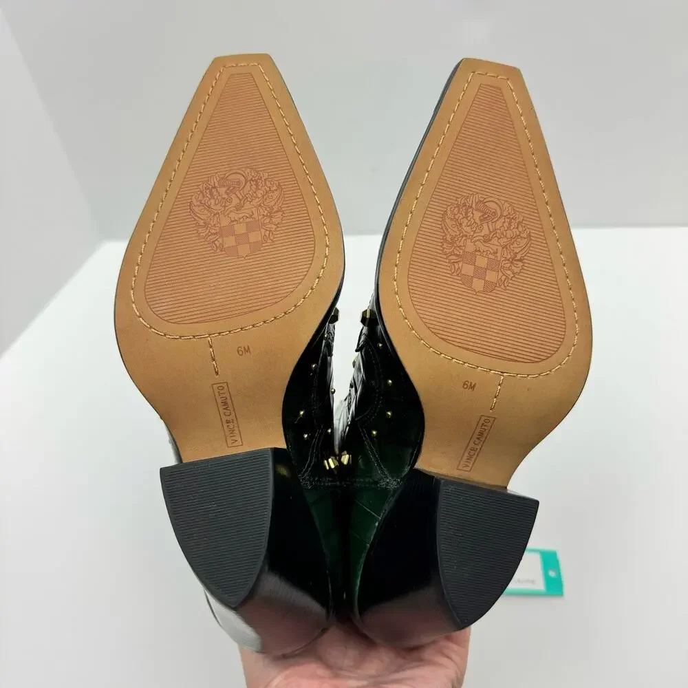 NEW Vince Camuto Norley Dark Green Crocodile Leather Gold Studded Ankle Booties